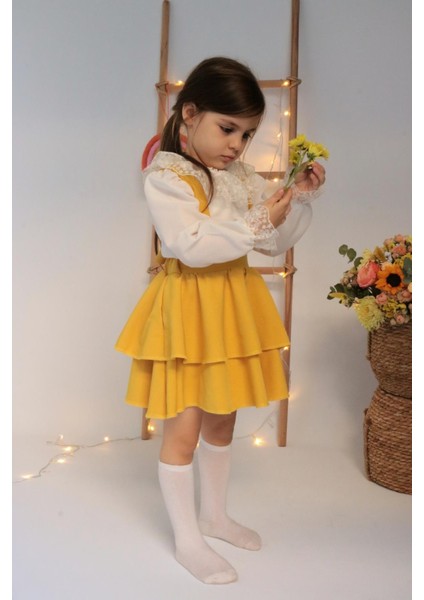 Kız Çocuk Helen Koyu Sarı Askılı Kat Kat Bağlama Jile Elbise Dantel Detay Ekru Uzun Kollu Bluz Takım TKM-0190.4 fiyatları
