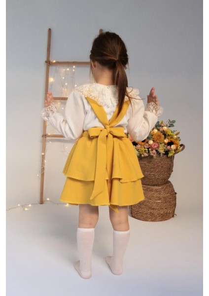 Kız Çocuk Helen Koyu Sarı Askılı Kat Kat Bağlama Jile Elbise Dantel Detay Ekru Uzun Kollu Bluz Takım TKM-0190.4 modelleri