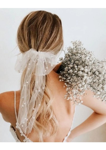 Kırık Beyaz Incili ve Taraklı Gelin Aksesuarı Nikah Kebi