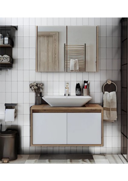 Asma 2 Kapaklı Lavabosuz Ahşap-Mat Beyaz Mdf 85 cm Banyo Dolabı Alt Dolabı -Aynalı Üst Dolabı fiyatları