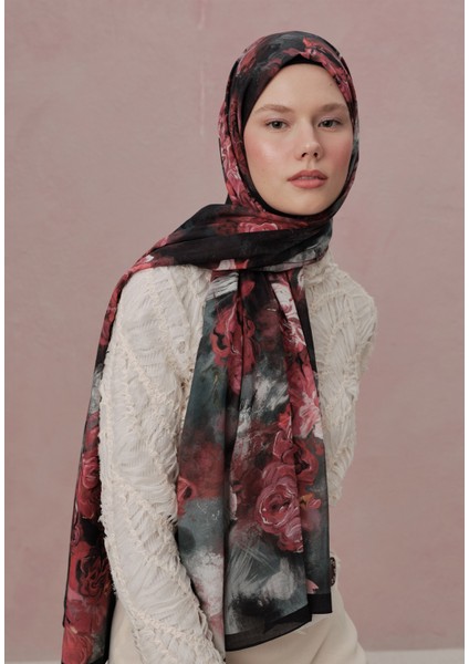 Love In Bloom Desen Vual Şal Siyah