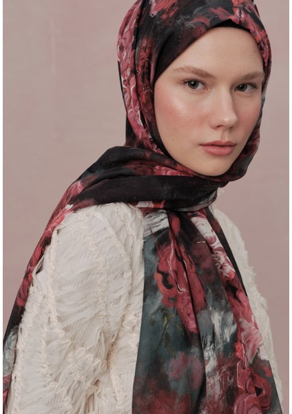 Love In Bloom Desen Vual Şal Siyah