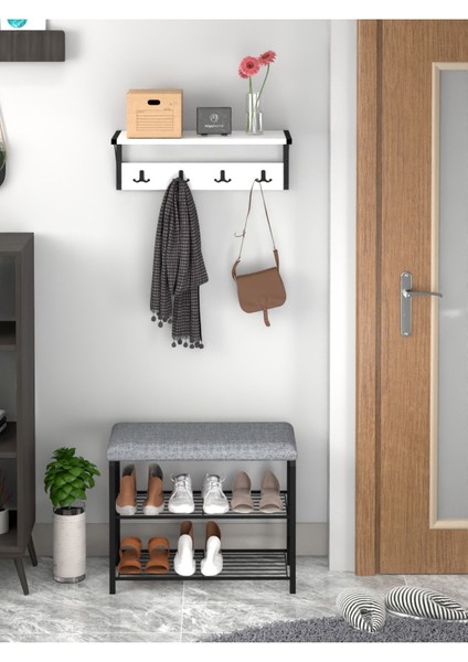 2'li Set Oturaklı Metal Ayakkabılık + Portmanto Duvara Monte Elbise Askısı