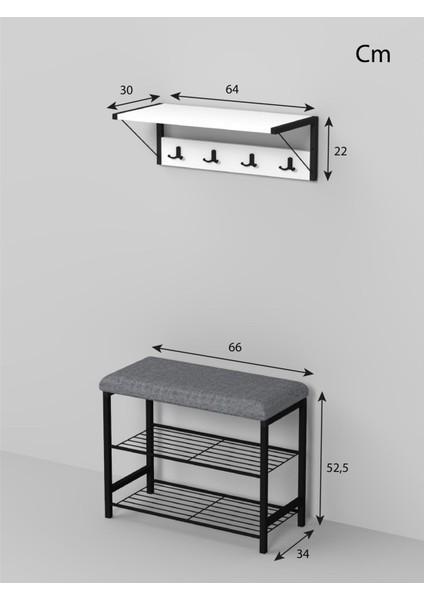 2'li Set Oturaklı Metal Ayakkabılık + Portmanto Duvara Monte Elbise Askısı