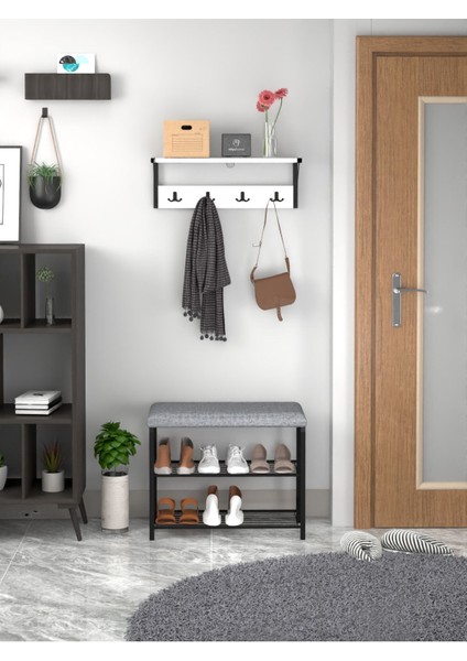2'li Set Oturaklı Metal Ayakkabılık + Portmanto Duvara Monte Elbise Askısı