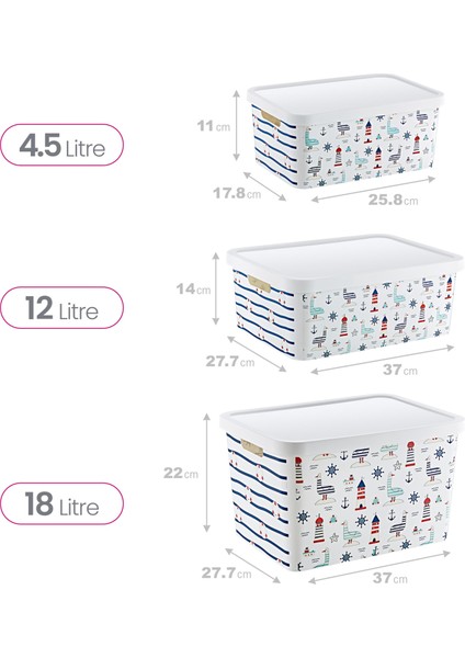 3'lü Set Stafi Desenli Kapaklı Kutu Marin (4,5-12-18 Lt)