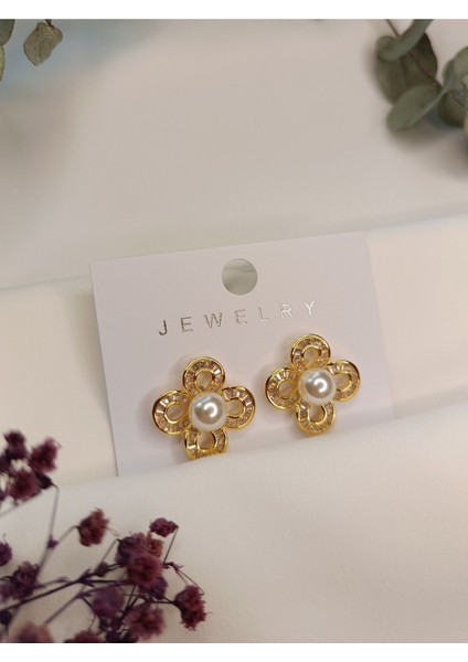Kadın Gold Renk Daisy Model Inci Detay 316 L Çelik Küpe