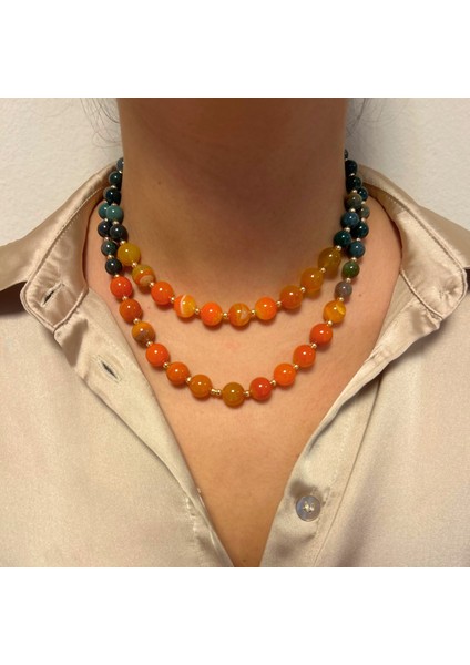 Hint Akik Doğaltaş Turuncu Kuvars Doğal Taş Uçlu El Yapımı Özel Tasarım Ikili Kadın Kolye