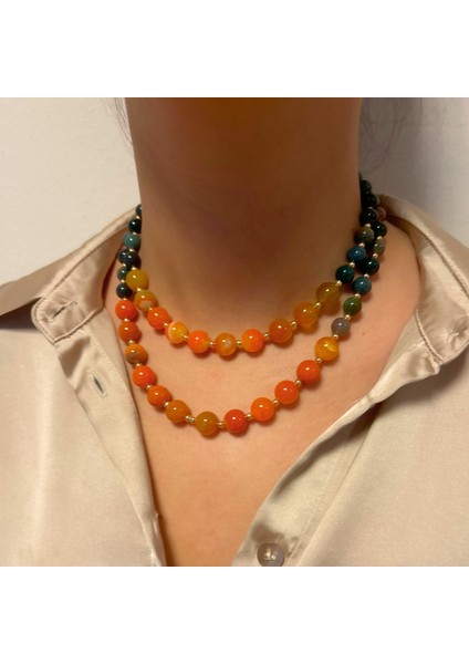 Hint Akik Doğaltaş Turuncu Kuvars Doğal Taş Uçlu El Yapımı Özel Tasarım Ikili Kadın Kolye modelleri