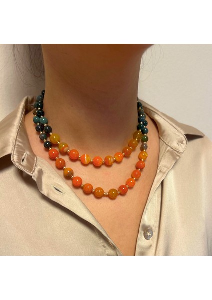 Hint Akik Doğaltaş Turuncu Kuvars Doğal Taş Uçlu El Yapımı Özel Tasarım Ikili Kadın Kolye indirimleri