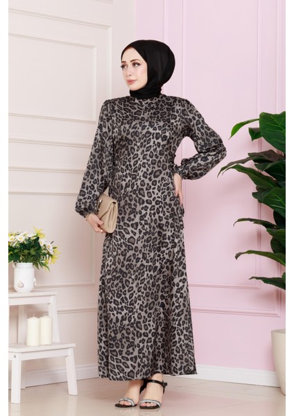 Yanı Bağcıklı Leopar Desenli Tesettür Abiye-Vizon