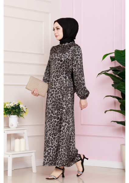 Yanı Bağcıklı Leopar Desenli Tesettür Abiye-Vizon modelleri