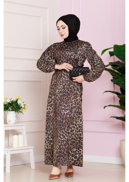 Yanı Bağcıklı Leopar Desenli Tesettür Abiye-Kahverengi