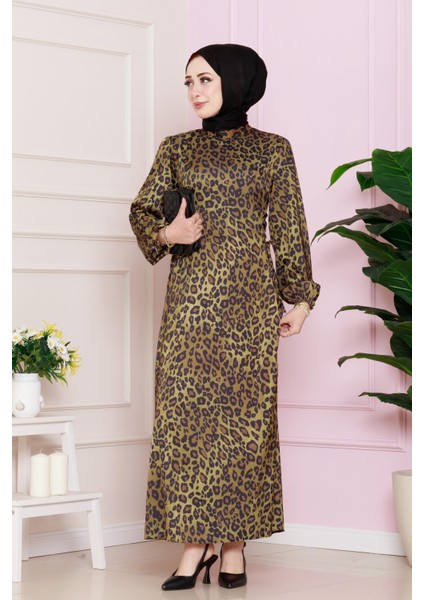 Yanı Bağcıklı Leopar Desenli Tesettür Abiye-Hardal