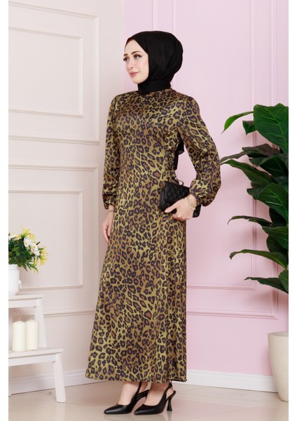 Yanı Bağcıklı Leopar Desenli Tesettür Abiye-Hardal