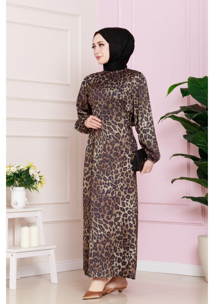 Yanı Bağcıklı Leopar Desenli Tesettür Abiye-Kahverengi