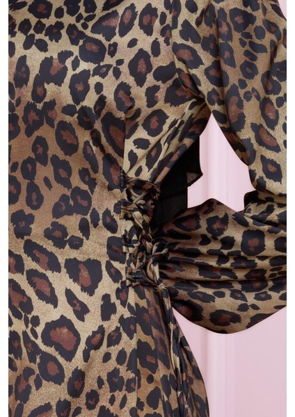 Yanı Bağcıklı Leopar Desenli Tesettür Abiye-Kahverengi fırsatları