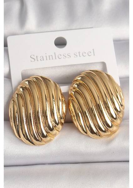 Pirinç Gold Renk Işlemeli Oval Model Kadın Küpe