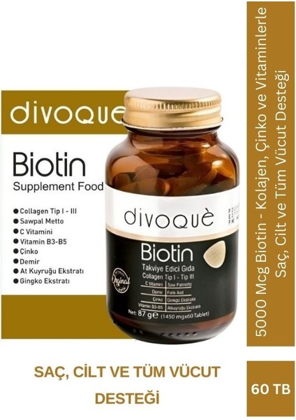 Saç Vitamini 60 Tablet - (5000 Mcg Biotin + Kolajen Tip I - Tip III+ Çinko + Demir...)