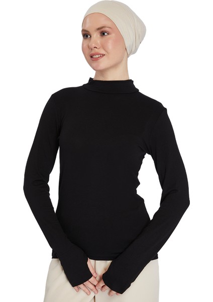 Kadın Organik Parmak Geçmeli Balıkçı Yakalı Body - Siyah