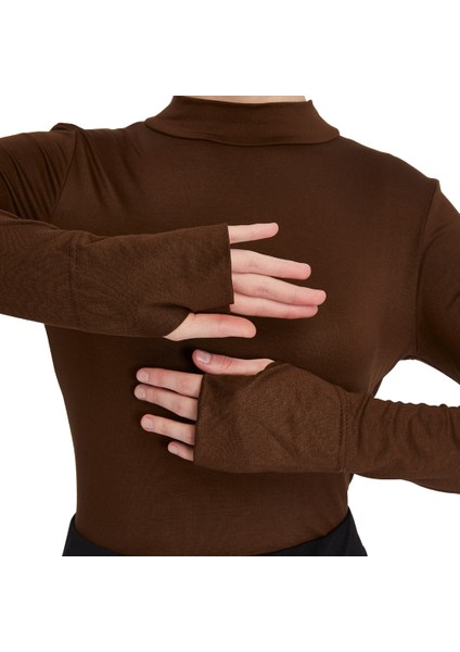 Kadın Organik Parmak Geçmeli Balıkçı Yakalı Body - Çikolata