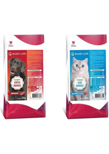 Kuzeylife Biftekli Yetişkin Köpek Maması ve Kuzu Etli ve Pirinçli Kedi Maması 15 kg