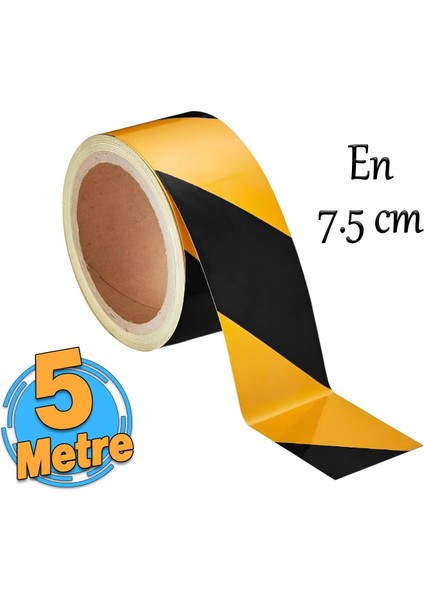 Yapışkanlı Sarı Siyah 5 mt İşaretli Yönlendirme Reflektörlü Reflektif Şerit Bant 7.5 cm İkaz Bandı