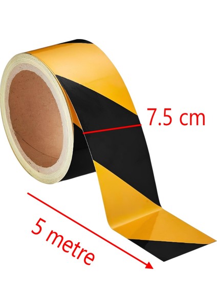 Yapışkanlı Sarı Siyah 5 mt İşaretli Yönlendirme Reflektörlü Reflektif Şerit Bant 7.5 cm İkaz Bandı