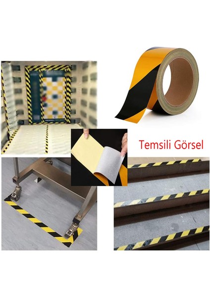 Yapışkanlı Sarı Siyah 5 mt İşaretli Yönlendirme Reflektörlü Reflektif Şerit Bant 7.5 cm İkaz Bandı