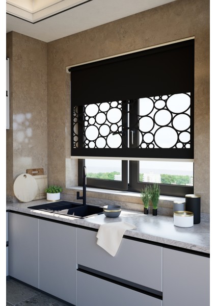 Lazer Kesim Mat Stor Perde, Lazer Kesimli Klasik Serisi, C-5008 Siyah Renk