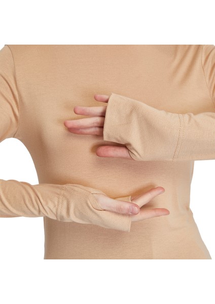 Kadın Organik Parmak Geçmeli Balıkçı Yakalı Body - Koyu Bej