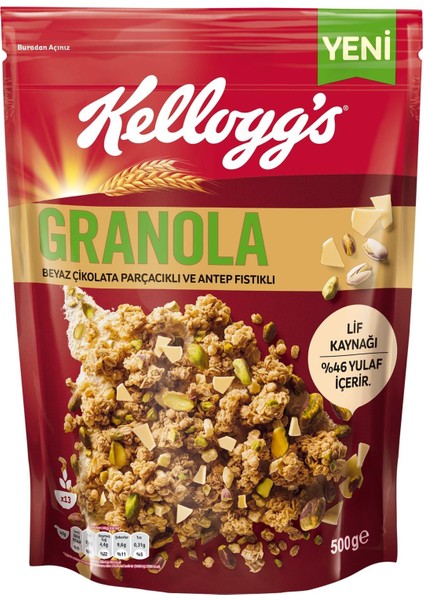 Granola Beyaz Çikolata Parçacıklı ve Antep Fıstıklı 500 G, %46 Yulaf Ezmesi,Lif Kaynağı Kahvaltılık Gevrek