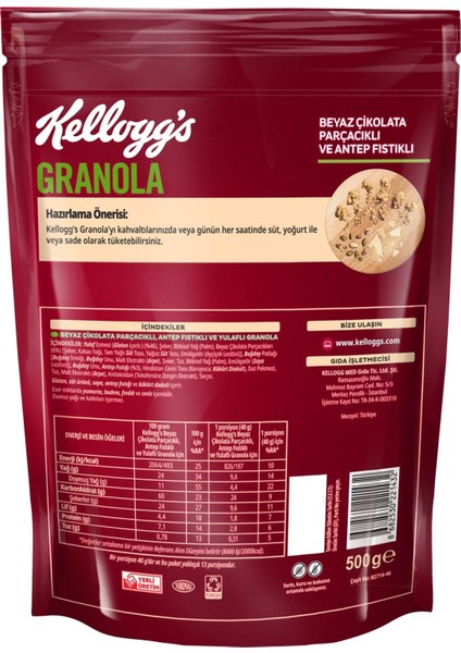 Granola Beyaz Çikolata Parçacıklı ve Antep Fıstıklı 500 G, %46 Yulaf Ezmesi,Lif Kaynağı Kahvaltılık Gevrek