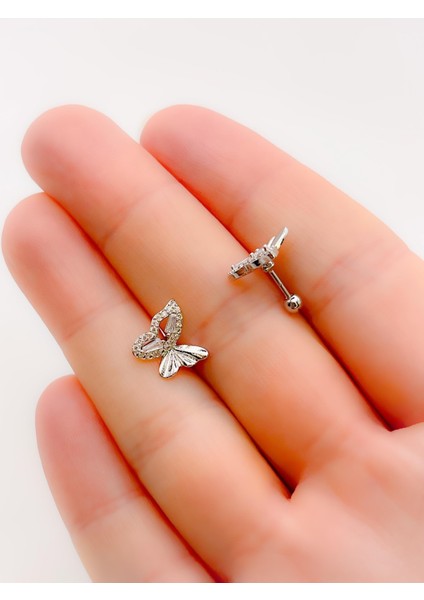 Cerrahi Çelik Piercing Zirkon Taşlı Plaka Kelebek Helix Tragus Piercing (1 Adet)