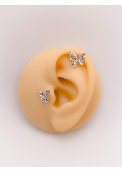 Cerrahi Çelik Piercing Zirkon Taşlı Plaka Kelebek Helix Tragus Piercing (1 Adet)