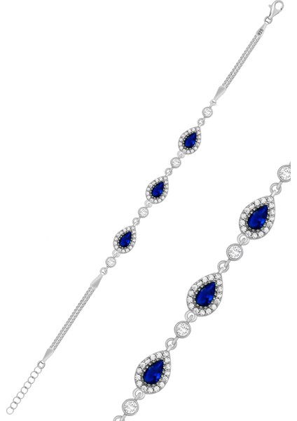 Safir Taşlı Damla Model Gümüş Bileklik Rodyumlu 925 Ayar ST060