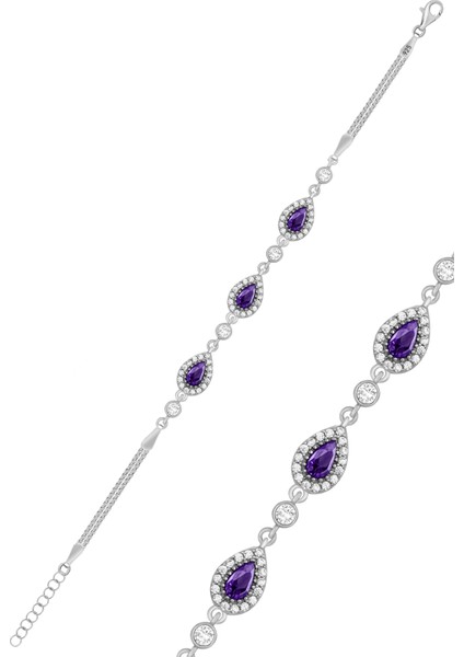 Ametist Taşlı Damla Model Gümüş Bileklik Rodyumlu 925 Ayar ST061