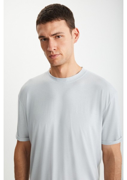 Oscar Erkek %100 Organik Pamuklu Comfort Fit Uzun Dökümlü Kumaş Açık Gri T-shirt indirimleri