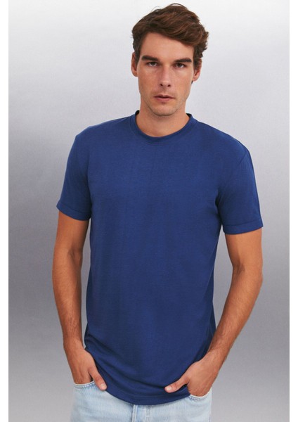 Oscar Erkek %100 Organik Pamuklu Comfort Fit Uzun Dökümlü Kumaş Koyu Mavi T-shirt fiyatları