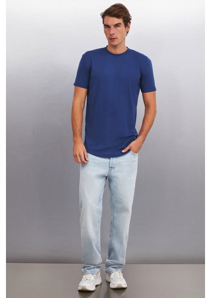 Oscar Erkek %100 Organik Pamuklu Comfort Fit Uzun Dökümlü Kumaş Koyu Mavi T-shirt modelleri
