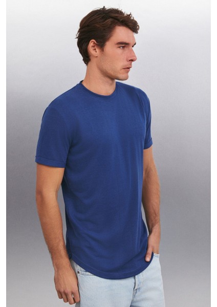 Oscar Erkek %100 Organik Pamuklu Comfort Fit Uzun Dökümlü Kumaş Koyu Mavi T-shirt fırsatları