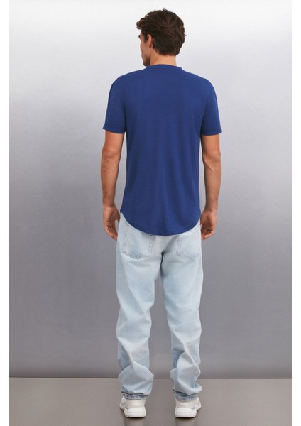 Oscar Erkek %100 Organik Pamuklu Comfort Fit Uzun Dökümlü Kumaş Koyu Mavi T-shirt indirimleri
