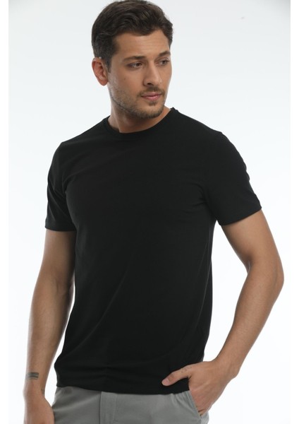 Yuvarlak Yaka Siyah Slim Fit Organik Pamuk T-Shirt fırsatları