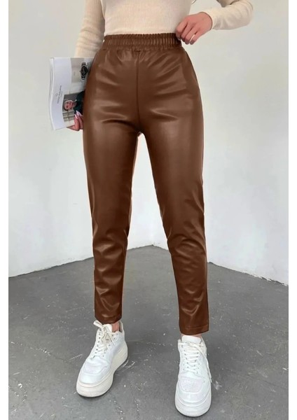 Kadın Beli Lastikli Deri Pantolon
