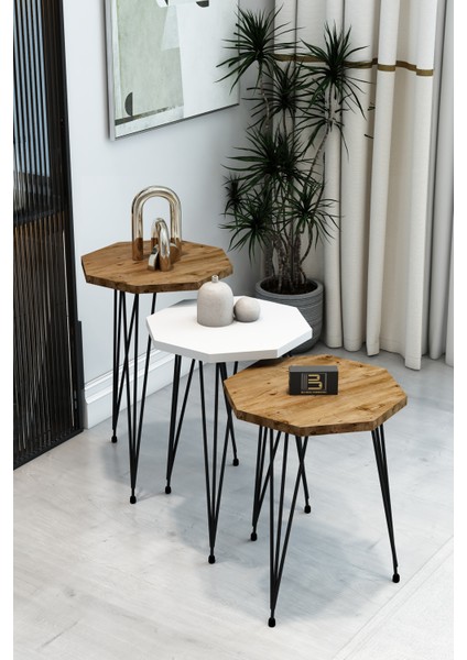 3'lü Sekizgen Zigon Sehpa Seti - Siyah Metal Ayaklı, Modern & Şık Yan Sehpa, Dayanıklı Salon Ofis fiyatları