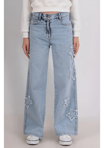 Yıldız Detaylı Bol Paça Kız Denim Pantolon modelleri