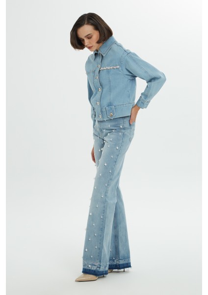 Pencere Detaylı Taşlı Lacivert Jean Ceket modelleri