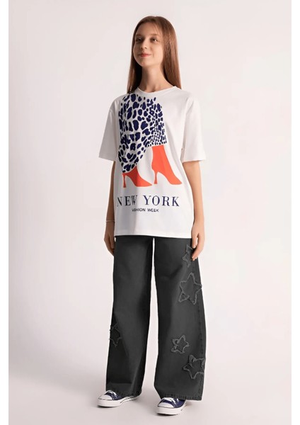 Yıldız Detaylı Bol Paça Kız Denim Pantolon