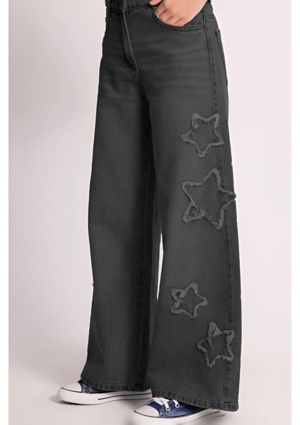 Yıldız Detaylı Bol Paça Kız Denim Pantolon