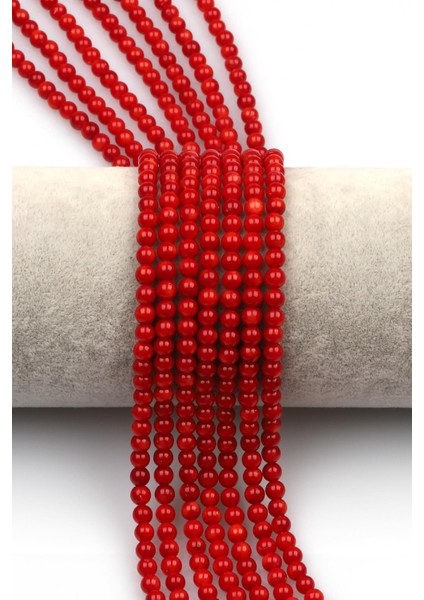 Boyalı Kırmızı Mercan Doğal Taş Dizi 4 mm Küre Kesim